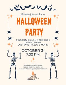 Halloween Party at Creekside! Live music, good eats, cold drinks, and costume prizes. 